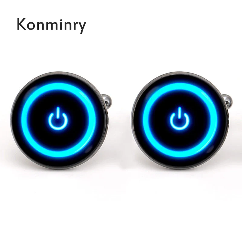 

Konminry Power Button Computer Cufflinks Power symbol Blue button Switch Tech Gamer Glass Dome Cufflinks For Men Gift