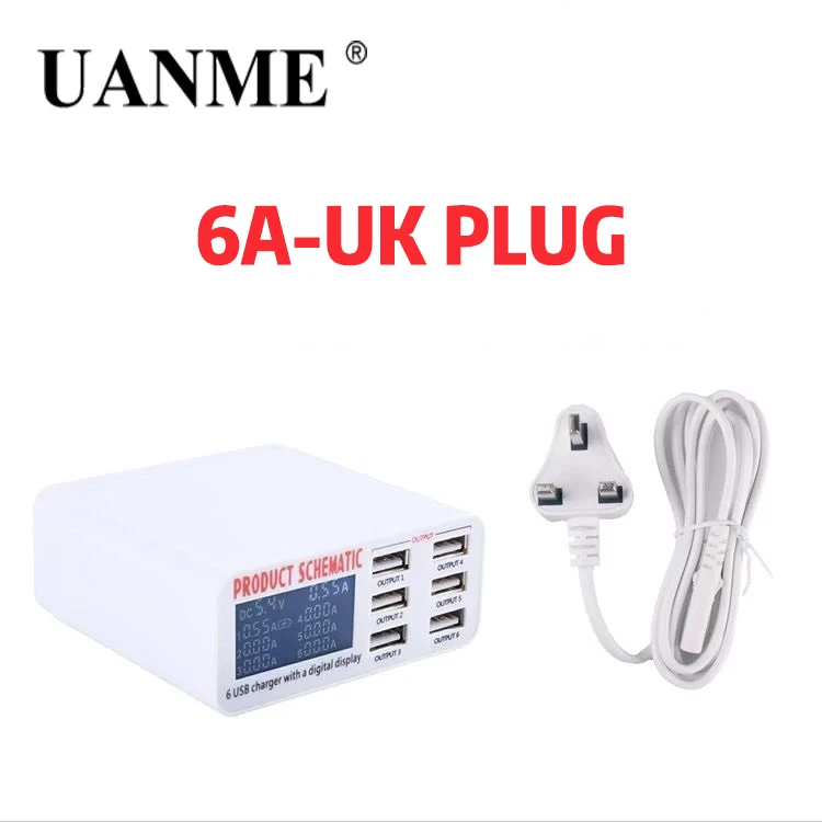 UANME QC3.0 Смарт USB зарядное устройство светодиодный дисплей 6 портов Быстрая зарядка для iPhone iPad samsung huawei Xiaomi Мобильный телефон - Цвет: 30W 6A UK PLUG