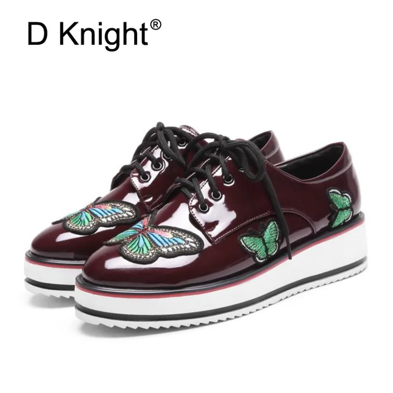 Plus Size 34-43 Women Oxford Brogue Shoes Patent Leather Wedge Heels Platform Shoes Woman Lace-up Oxford Shoes For Women Creeper (4)