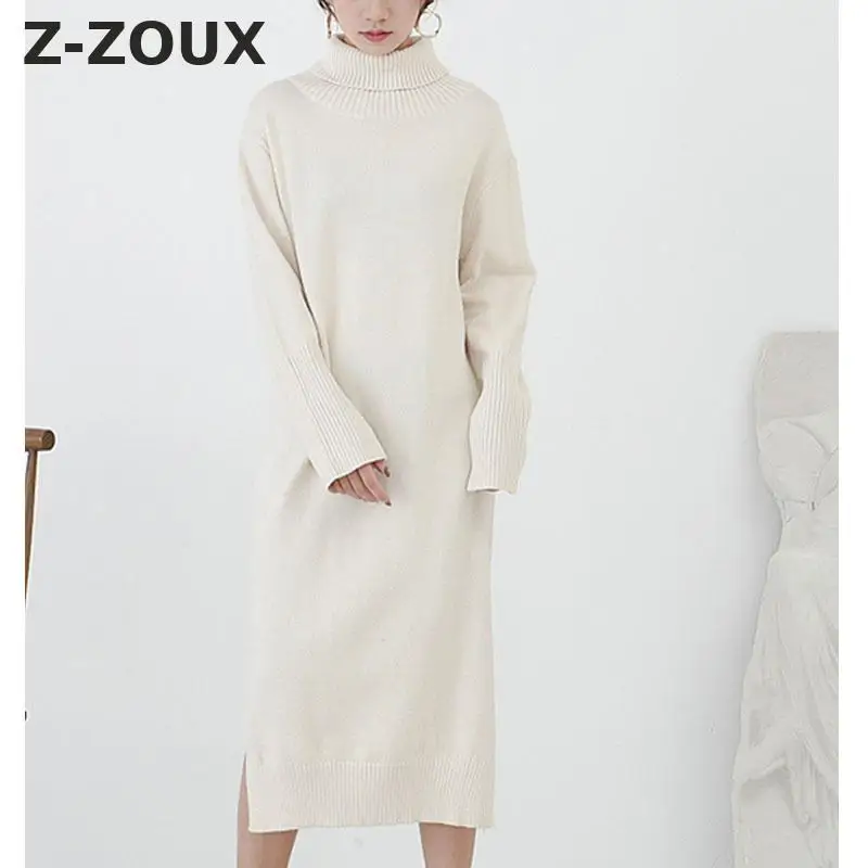 

Z-ZOUX Women Dress Turtleneck Long Sleeve Knitted Dress All Match Bottoming Dress Solid Split Loose Long Dresses Winter 2018