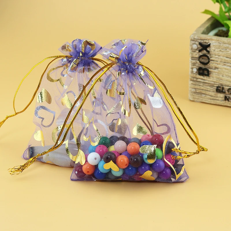 

Wholesale 100pcs/lot 11x16cm Purple Organza Bag Boutique Candy Gifts Packaging Bags Drawstring Pouches Heart Design Gift Bags