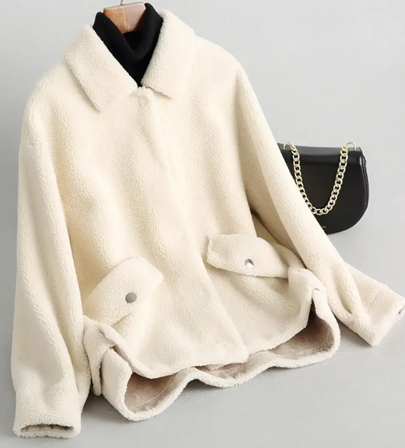 winter thicker warm full imitation Sheep sheared fur coat female compound fur short coats with pockets thicker warm wq2364 - Цвет: beige