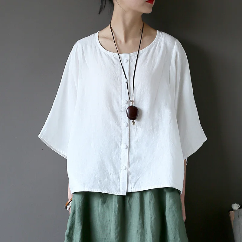 

Johnature Women Linen Shirt Butterfly Sleeve 2019 Spring New Seven Sleeve O-Neck Vintage Blouses Plus Size Women Clothes Shirts