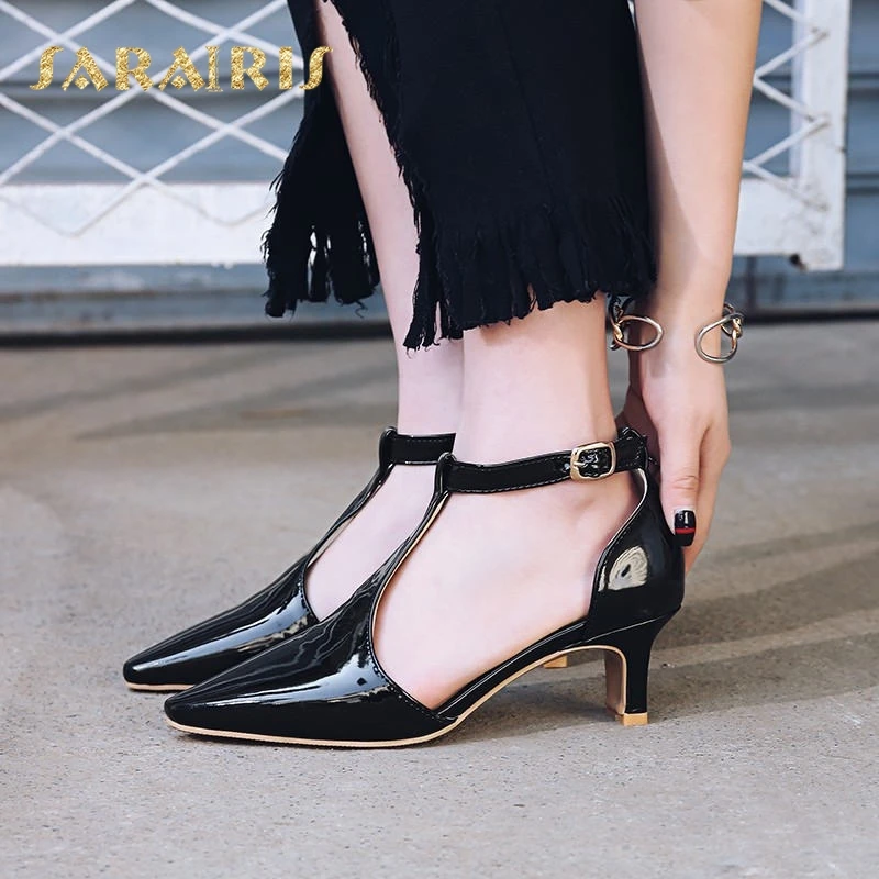

Sarairis Ankle t-strap Buckle Up High Heel Pointed Toe Patent Upper Summer Party Wedding Shoes Woman Sandals Large Size 34-48