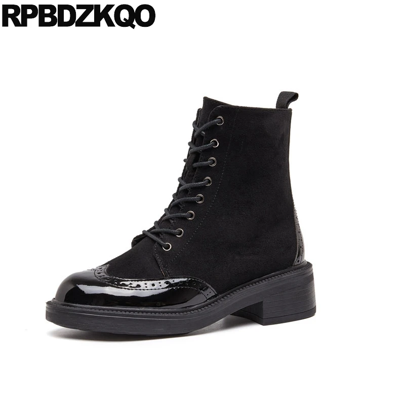 Vintage Hiver Rond Verni Bottes Casual Automne Militaire Lacent Noir Combat Cuir Chunky Richelieu En Bout Avant Chaussures Cheville Femmes g4qrwUBAg