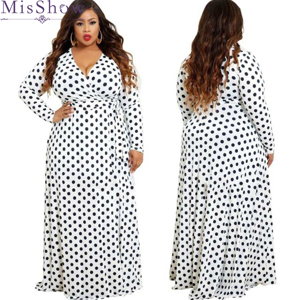 

2019 Dot Print Spring Plus size Long Dress 3XL 4XL 5XL Boho Beach Dress Tunic Maxi Dress Women Evening Party Dress Sundress