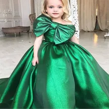 Зеленое вечернее платье с одним плечом пышные платья для девочек с цветочным принтом и большим бантом, платья для первого причастия для девочек