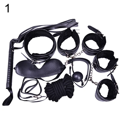 7 Pcs Restraint Bondage Plush Cuffs Strap Whip Rope Neck Adult Sex Game