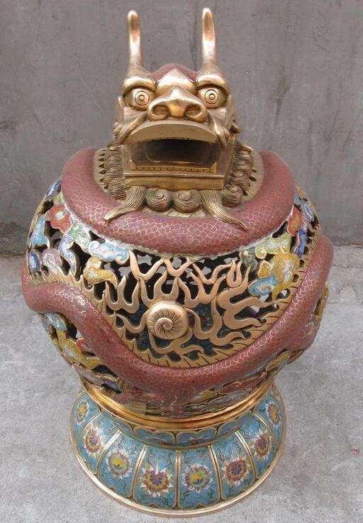 

JP S1138 Chinese Royal 100% bronze handwork cloisonne Dragon Incense burner censer
