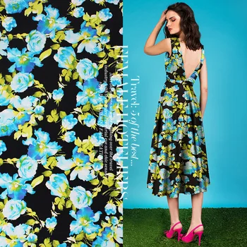 

14momme 114cm width blue China rose flowers printed 100% silk crepe de chine summer dress shirt clothing fabric material