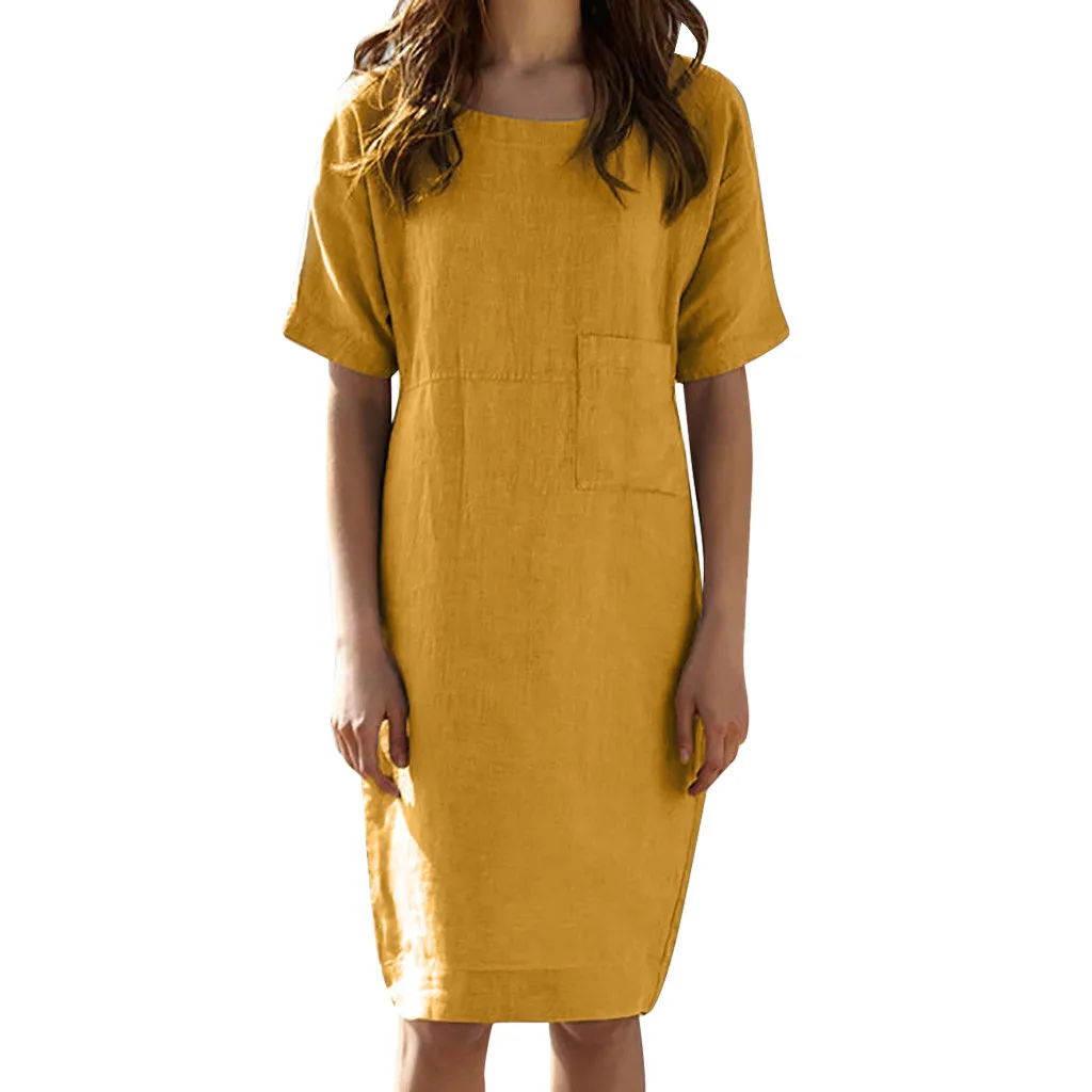 

Womens Summer Short Sleeve Linen Dress Loose A-line Party Sundress Pocket Dress S-2XL