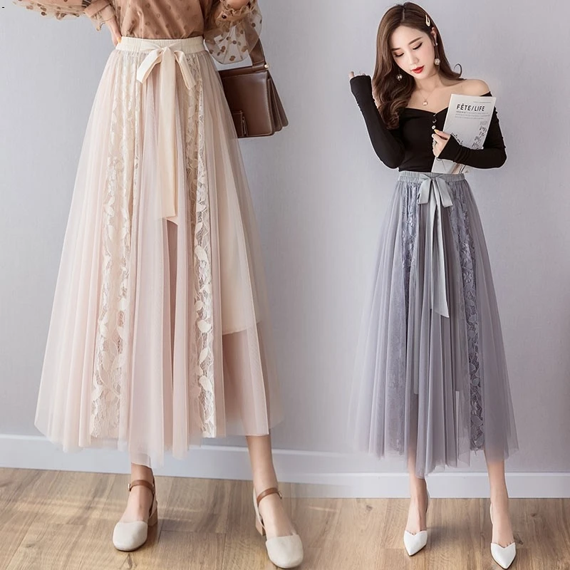 

1609 equipped with new wild bow tie with high waist lace embroidery stitching mesh skirts women long skirt girl
