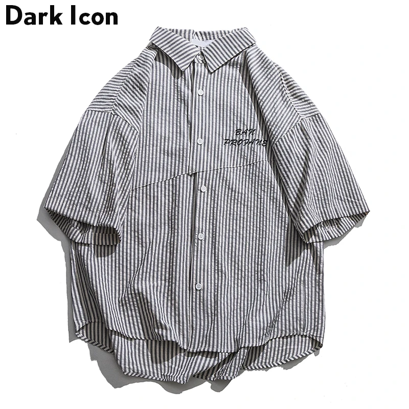 

Dark Icon Letter Embroidery Striped Shirts Men Curved Hem Loose Shirts for Men Oversized Shirts for Men