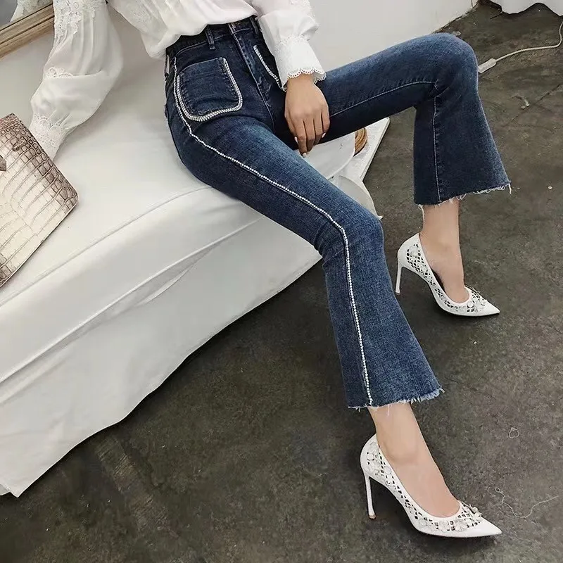 [LIVIVIO] Beadings Patchwork Jeans Women Fronts Pockets High Waist Denim Flare Pants Female Korean Autumn Fashion New