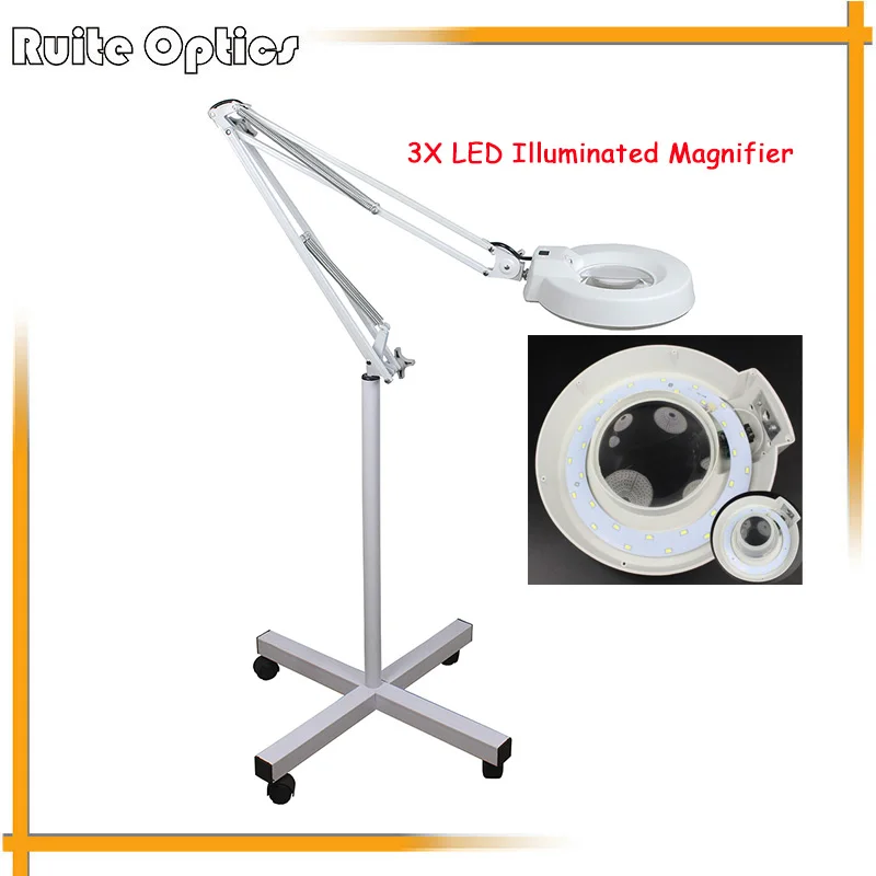 220V 3x Floor Stand White Optical Glass Lens LED Illuminated Big Magnifying Glass Large Lamp Magnifer with LED Light