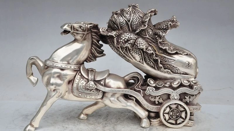 

12"China Silver Fengshui Lucky Wealth Horse Pull cabbage money yuanbao fu Statue