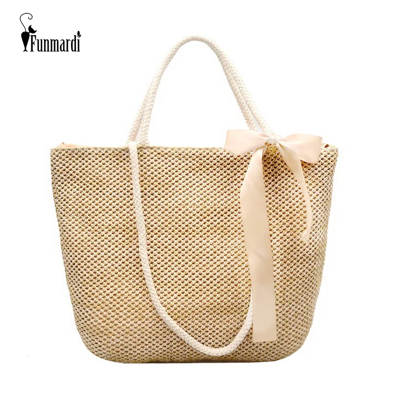 

FUNMARDI Women Handbag Summer Beach Bag New Woven Handmade Knitted Straw Bag For Women Shoulder Bag Large Capacity Tote WLHB1877