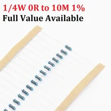 100 шт. 1/4W 1R-10M 1% 1K ohm 10K 4,7 k 2,2 K 100R 220R 470R 1/2/3/4/5/6/7/8/9/0.4.5.6.7/ r/K 0,25 W металлический пленочный резистор