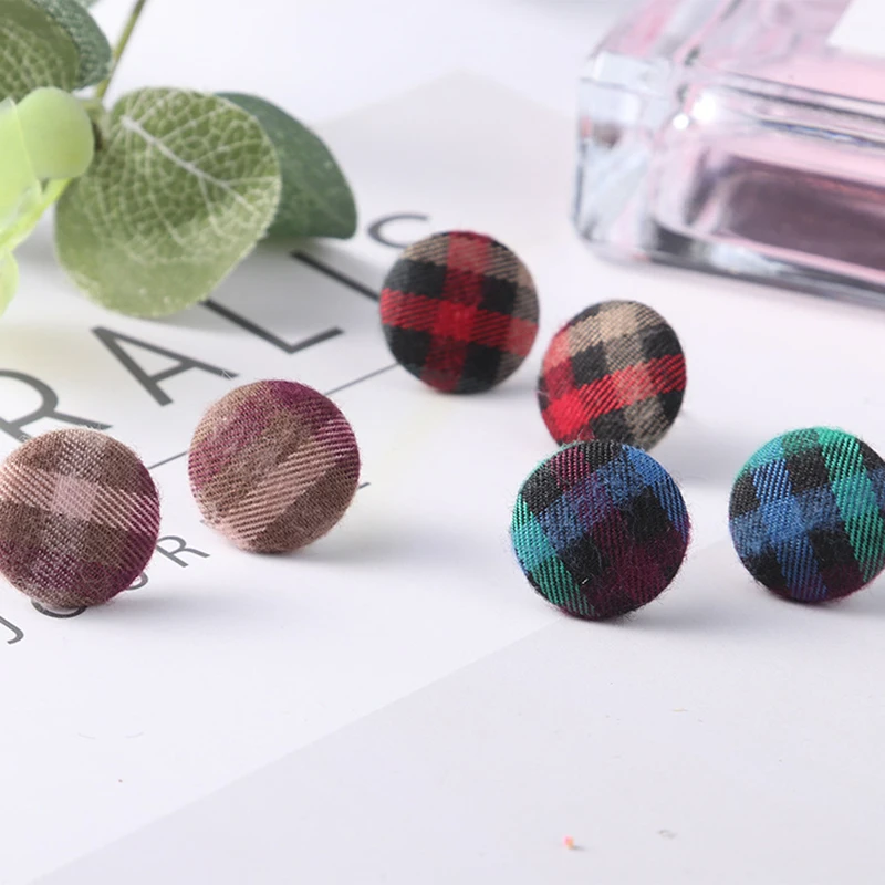 

Autumn Winter Cute Earring Stud For Women Girl Retro Chic Round Button Plaid Earrings Cloth Material Geometric Ear Jewelry Gifts