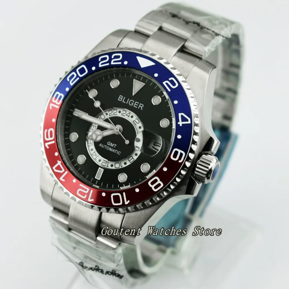 

43mm Bliger Red&Blue Bezel Black Dial SS. Case Function Automatic Men's Watch