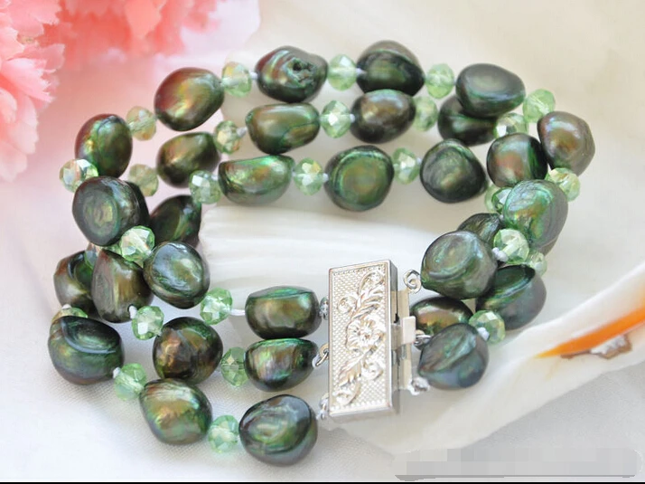 

FREE shipping>>>> Z5723 NICE 3strands 15mm green baroque FRESHWATER PEARL crystal bracelet 8in 6.05