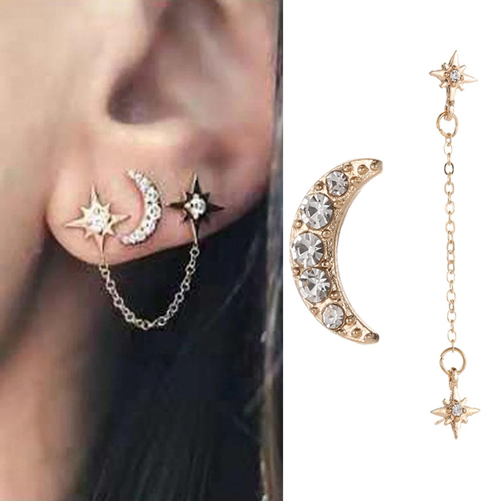 

2Pcs/Set Rhinestone Moon Star Chain Stud Earrings 3 Ear Holes Silver Gold Colors Women Earring Set 2019 Party Jewelry