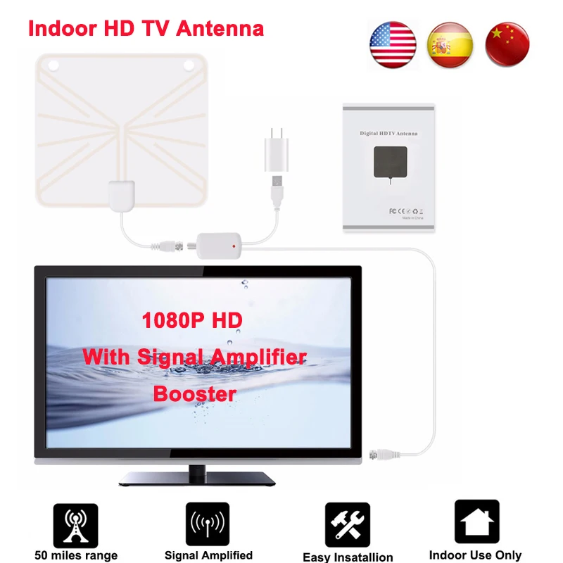 

Spain Ultra-Thin indoor TV Antenna HDTV Digital TV Signal Reception 50 Miles Range Amplifier For DVB-T DVB-T2 Satellite Receiver
