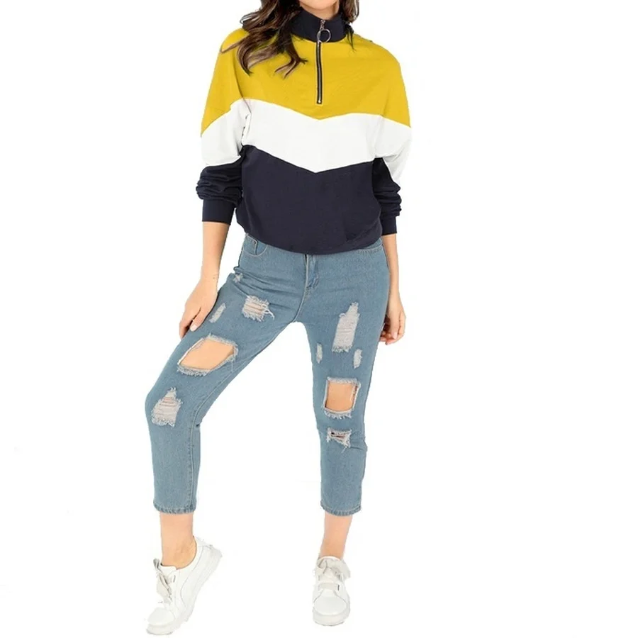 ZOGAA Campus Sweatshirts Pullover Women Top Multicolor Casual Zip Half Placket Color Block Stand Collar Long Sleeve Sweatshirts
