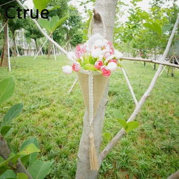 

12pcs burlap jute Hessian Pew Cone Flower Holder Organizer Christmas Birthday Baby Shower rustic wedding decoration centerpieces