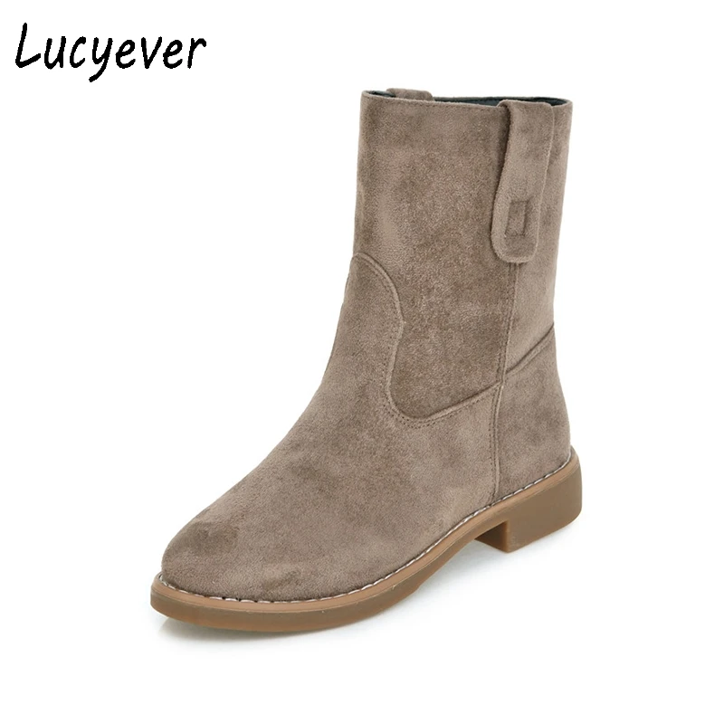 

Lucyever Women Vintage Low Heels Short Plush Mid Calf Booties 2018 Autumn Winter Comfortable Slip on Cowboy Boots for Woman