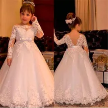 Новейшее Дешевое платье с цветочным узором для девочек на свадьбу, с длинными рукавами, с кружевной аппликацией, бальное платье с поясом, платье для первого причастия, пышные платья