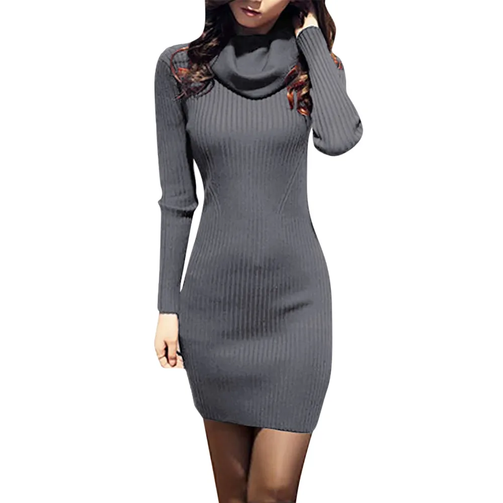 

Women Cowl Neck Knit Stretchable Elasticity Long Sleeve Slim Fit Sweater Dress Knitted stretch long-sleeved slim sweater dress