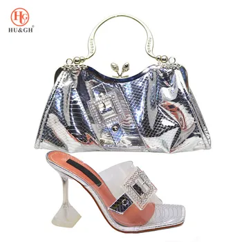 

New Silver Color Fashion Italian Shoes With Matching Clutch Bag Hot African With High Heel Sandals and Handbag Set Party Wedding