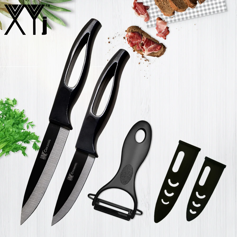 

XYJ Brand 3" 4" Ceramic Knives + Sharp Peeler 3 Pcs Set Handmade High Class Black Hollow Handle Black Blade Best Kitchen Knives
