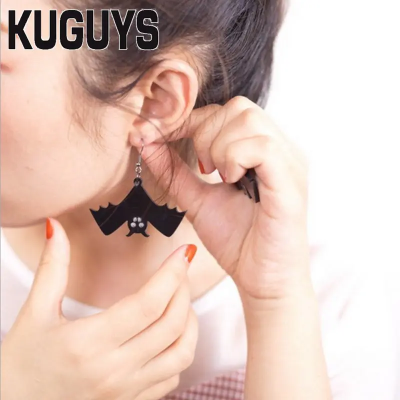 

KUGUYS Fashion Acrylic Jewelry Custom Women Acryl Black Bat Drop Earrings Punk Jewelrys Large Dangle Earring Halloween Gift