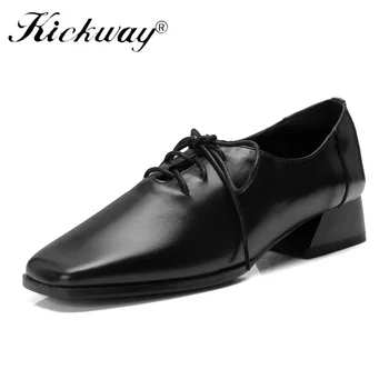 

Women Dress Shoes Genuine leather Lace Up Spring Shoes Women lace up heels Casual Square Toe Women Low Heels Pumps Sweet Girls
