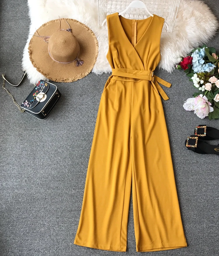 

Amolapha Women Solid V-neck High Waist Sashes Sleeveless Jumpsuits Women Wide Leg Jumpsuit Rompers
