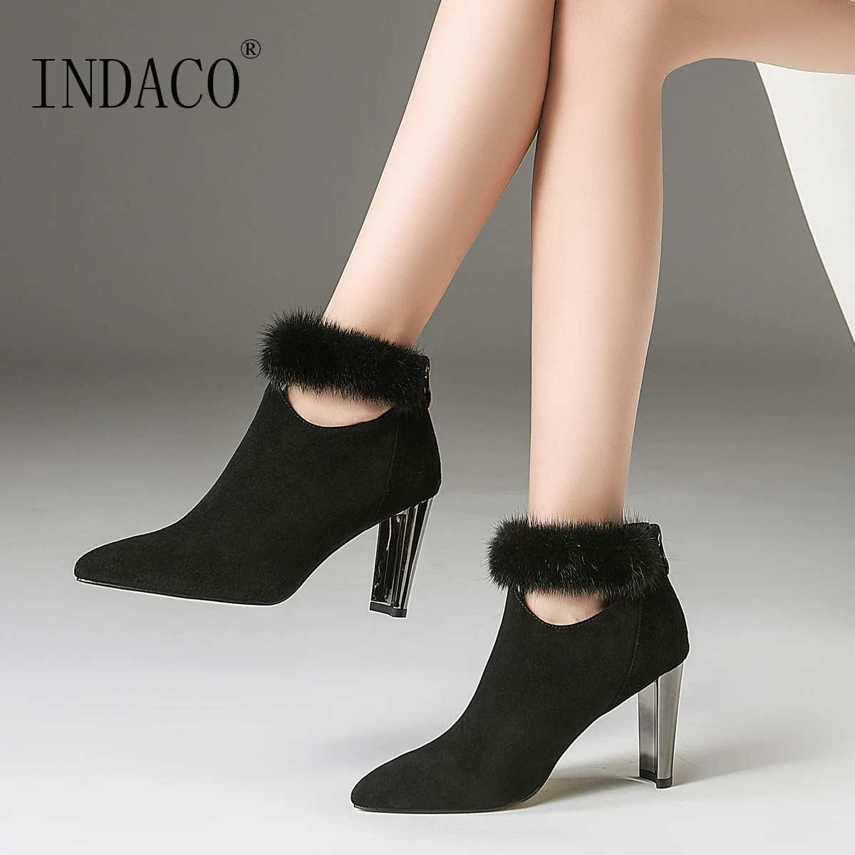 

Leather Mink Fur Ankle Boot for Women Warm Plating High Heel Winter Boots Women 8cm Black Burgundy