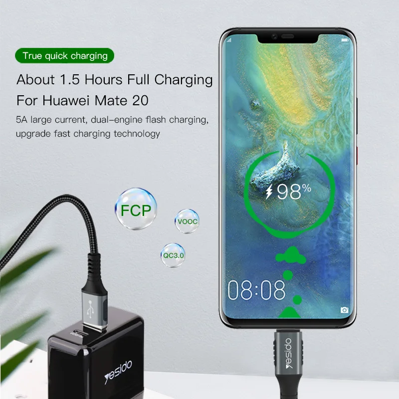 Yesido CA36 USB C кабель 5A быстрое зарядное устройство Type для Samsung S9 Note 9 Oneplus 6 Huawei P20