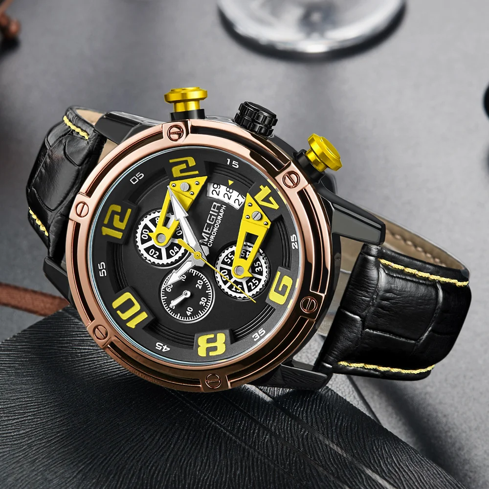

MEGIR Men Fashion Sport Watch Leather Strap Casual Quartz Watches Mens Chronograph Waterproof Wristwatch Relogio Masculino-2078