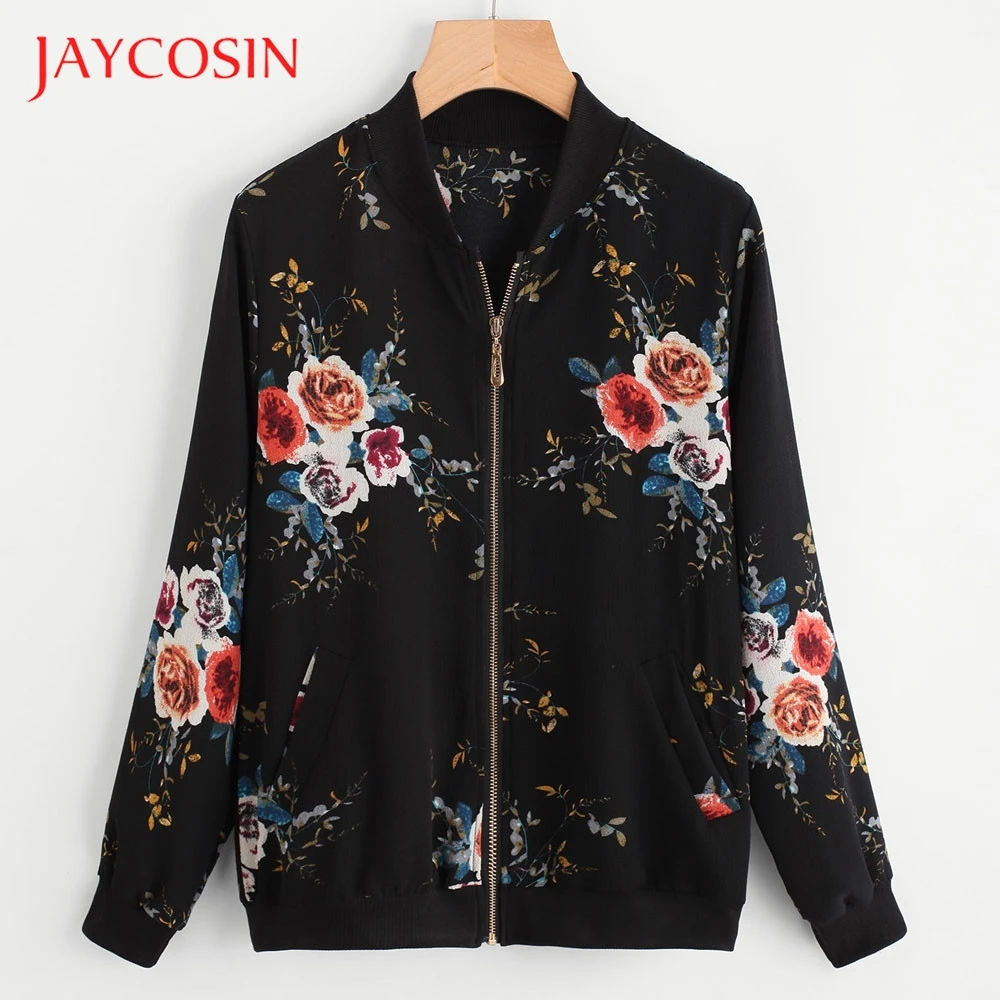 

JAYCOSIN Retro Floral Printing Womens Zipper Up Bomber Jacket Casual Coat Outwear Great For Party Daily Beach More Attractive
