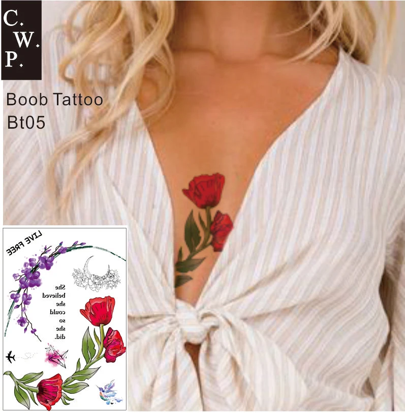 

BT05 1 PIECE Side Boob Sternum Temporary Tattoo with Hyacinth, Quote, Flower Pattern Body Art