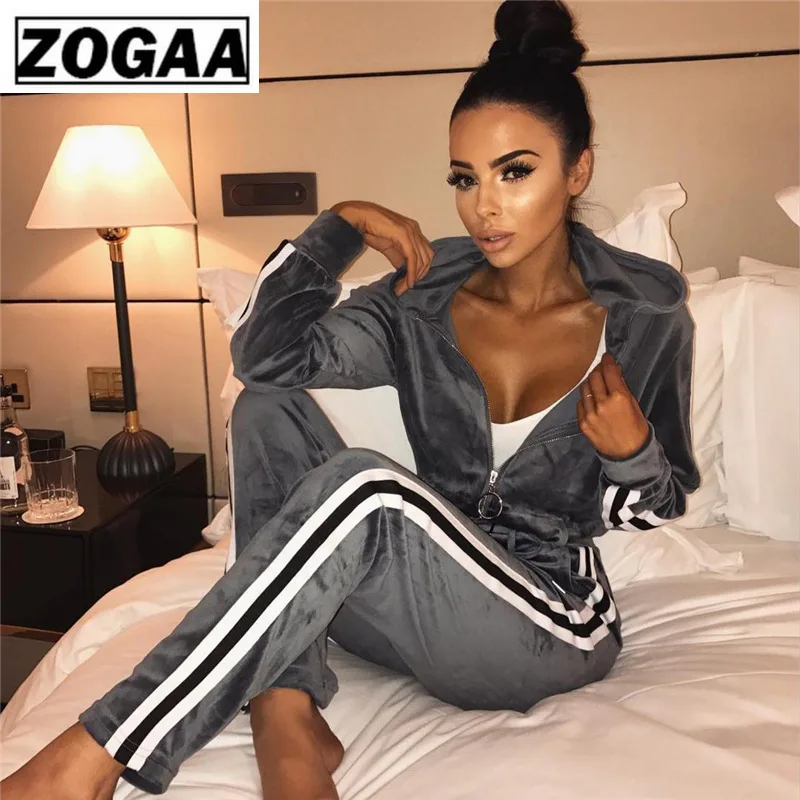 ZOGGA/женские повседневные Костюмы в полоску с капюшоном на молнии спортивный