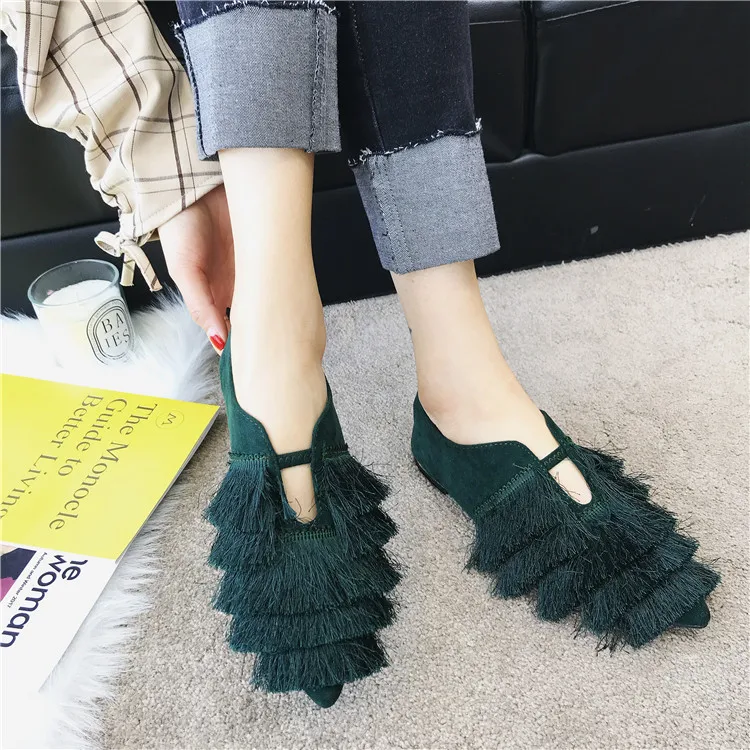 

Women Retro Grace Ballet Flats Casual Loafers Fringe Wave Lady Slip On Shoes Flat Heel Soft Comfortable Green Black