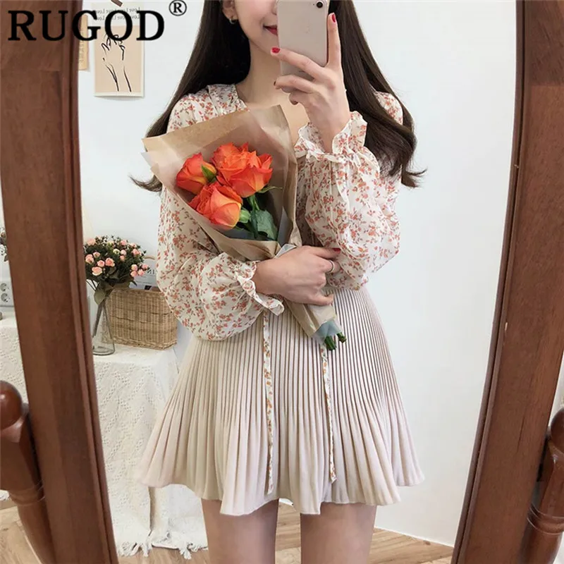 

RUGOD Floral print women chiffon blouses lace up ruffles neck sweet elegant fashion korean style summer tops modis femme blusas
