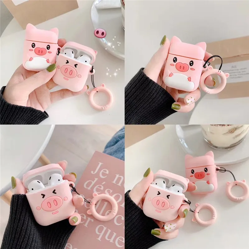 For AirPods Case Cute Cartoon Pink Pig Girl Earphone Cases For Apple Airpods 2 Cover Funda with Finger Ring Strap