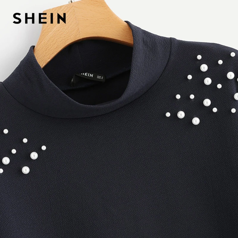 SHEIN, темно-синий, элегантный, элегантный, с вырезом, украшенный жемчугом, с заниженным плечом, однотонный свитшот, осень, Повседневный, для кампуса, женские толстовки