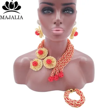 

Trendy Nigeria Wedding african beads jewelry set red Crystal necklace bracelet earrings Free shipping VV-239