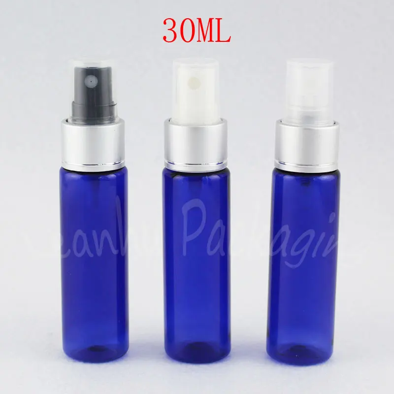 

30ML Blue Flat Shoulder Plastic Bottle With Silver Spray Pump , 30CC Empty Cosmetic Container , Toner / Water Packaging Bottle