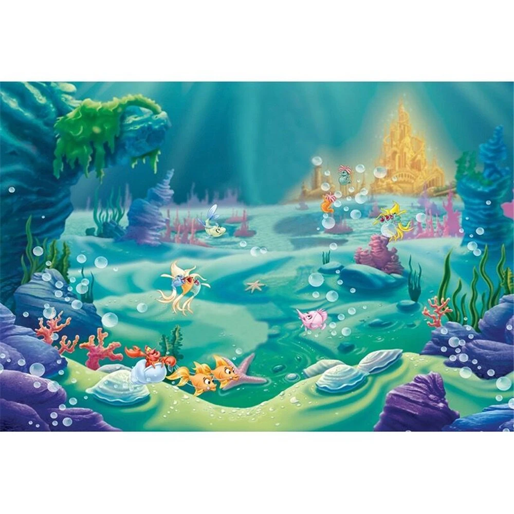 リトルマーメイド誕生日パーティーフォトブースの背景魚気泡城海底王女女の赤ちゃん写真撮影の背景 背景 Aliexpress